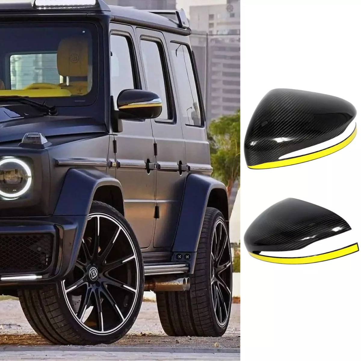 Carbon Fiber Mirror Covers Yellow Stripe for Mercedes-Benz G-Class W463A