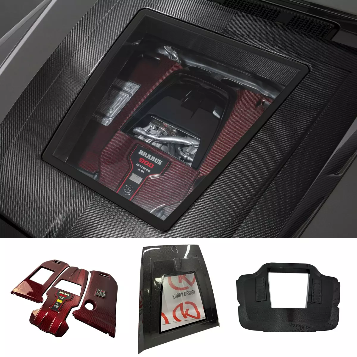 Brabus 900 Carbon Fiber Hood Cover + Hood Under Cover + Red Engine Cover for W463A G-Class
