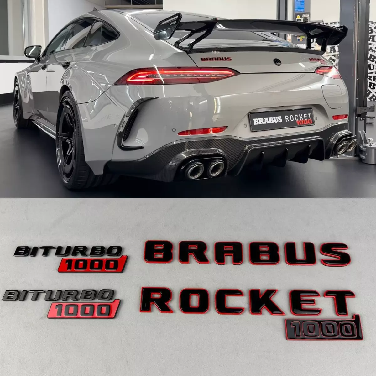 Tail and Fender Emblems Brabus Rocket 1000 “1 of 25” Biturbo 1000 Red and Black for Mercedes-Benz GT 2024