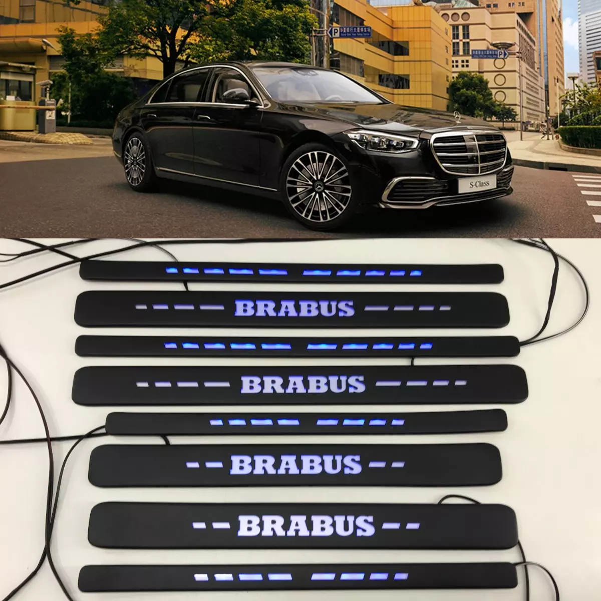 W223 Scuff Plates Brabus Style Blue LED Matte Black Door Sills made for S-Class